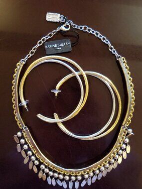 Karine Sultan Bohemian Gold/Silver Collar Necklace & Large Hoop Earrings NWT